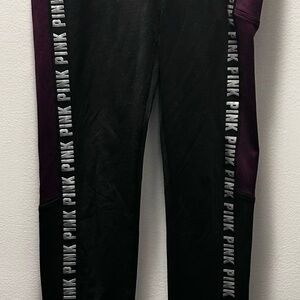 Victoria's Secret PINK black purple fleece-lined leggings logo side stripe Sz Sm
